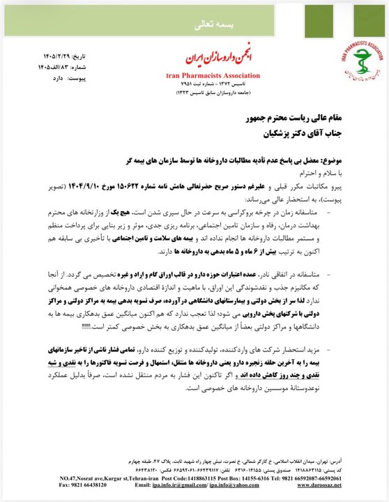 نامه انجمن داروسازان به پزشکیان؛ دو پیشنهاد داروخانهها به رئیس جمهوری